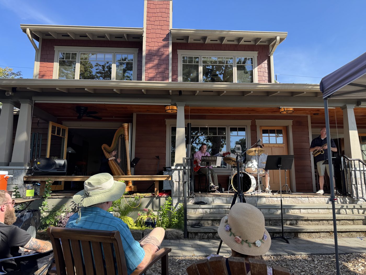 A band set up on a historic Oregon City front porch